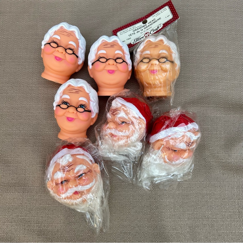 💥Vintage Fibre Craft Plastic Santa & Mrs. Claus / Grandma Craft Heads - Lot of 7